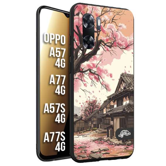 CUSTOMIZZA - Custodia cover nera morbida in tpu compatibile per Oppo A57 - A77 - A57S - A77S (4G) casa giapponese rosa ciliegio in fiore disegnata tattoo