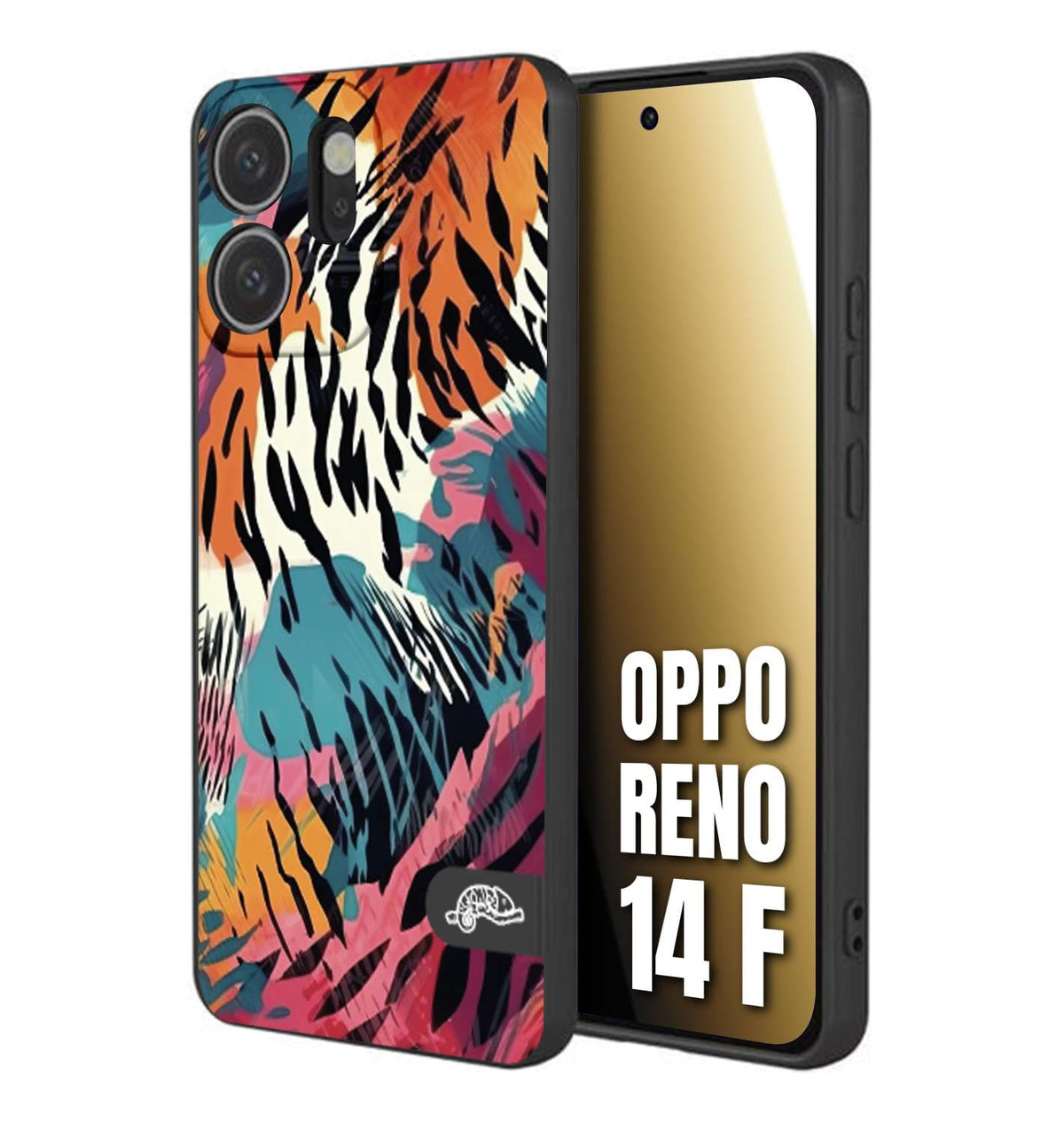 CUSTOMIZZA - Custodia cover nera morbida in tpu compatibile per Oppo Reno 14 F leopardato maculato tigrato tiger colorata summer color