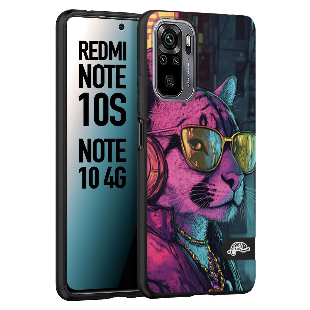 CUSTOMIZZA - Custodia cover nera morbida in tpu compatibile per Xiaomi Redmi Note 10S animali cyberpunk pantera street cat fucsia blu giallo
