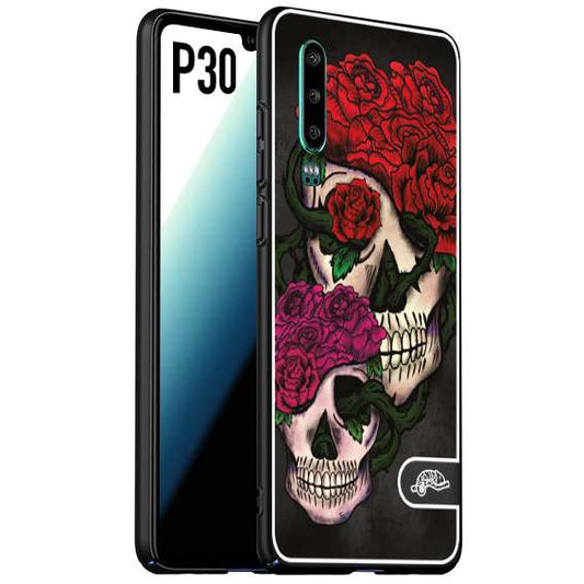 CUSTOMIZZA - Custodia cover nera morbida in tpu compatibile per Huawei P30 teschi e rose rosse fucsia skull and roses