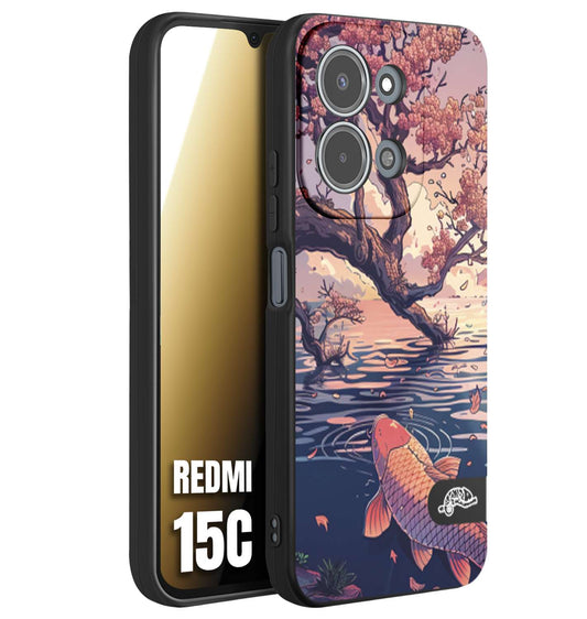 CUSTOMIZZA - Custodia cover nera morbida in tpu compatibile per Xiaomi Redmi 15C giapponese lago carpa koi rosa con foglie d'acero disegnata tattoo