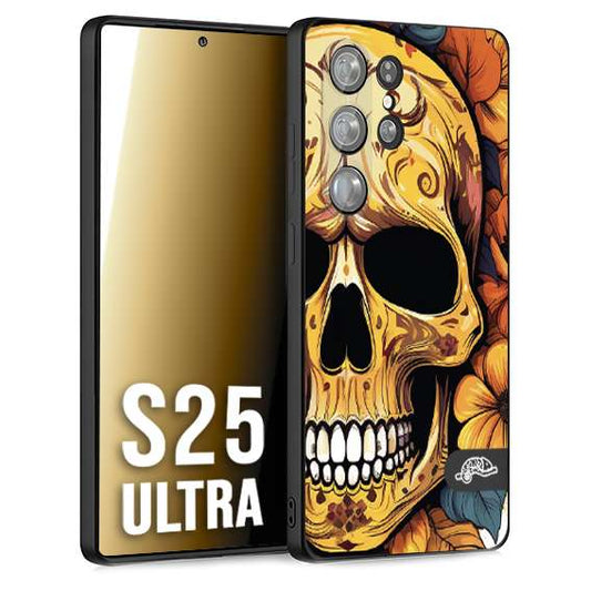 CUSTOMIZZA - Custodia cover nera morbida in tpu compatibile per Samsung S25 ULTRA teschio messicano colorato dorato fiori autunnali disegnato