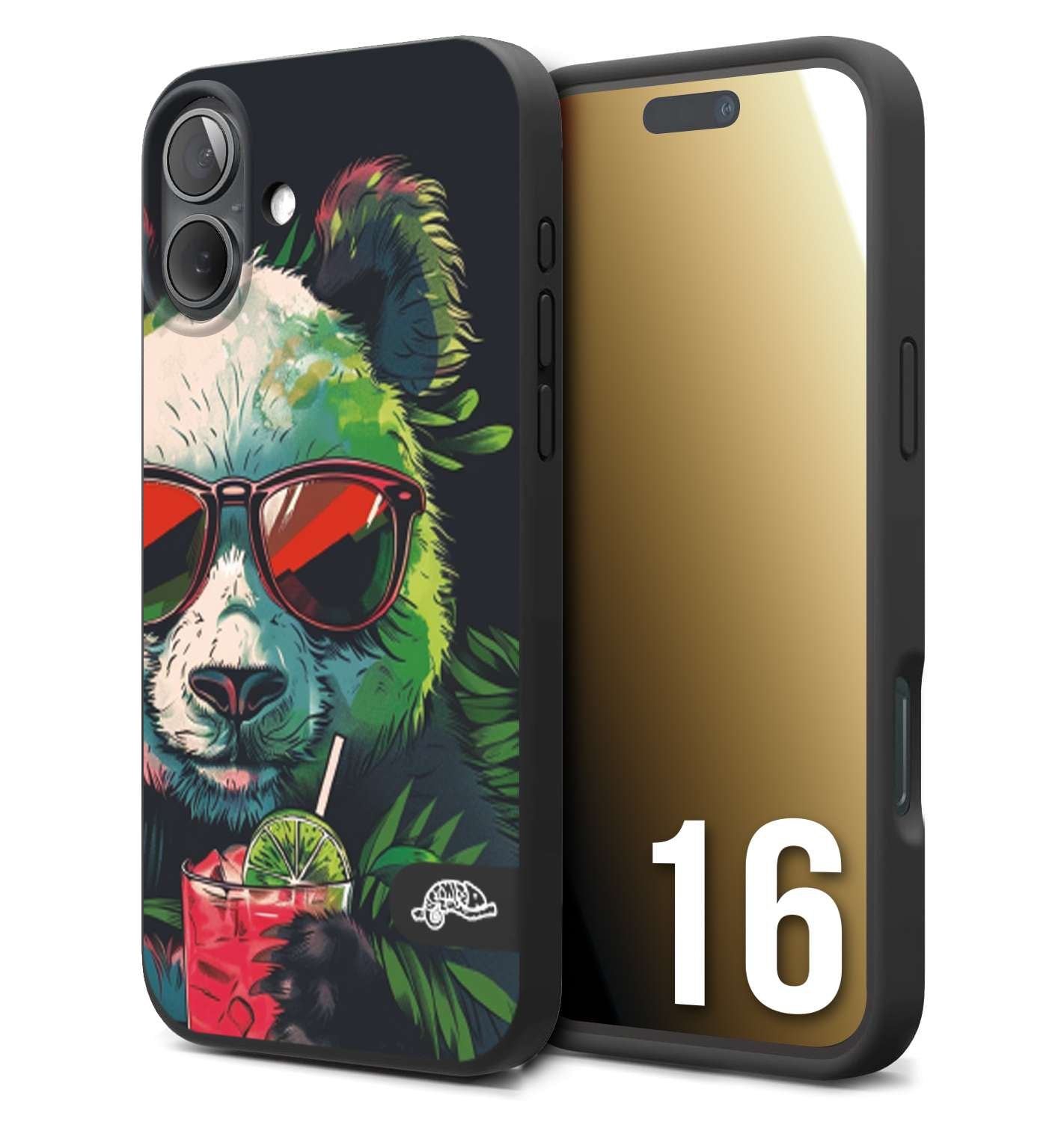 CUSTOMIZZA - Custodia cover nera morbida in tpu compatibile per iPhone 16 estate disegnata cocktails animali simpatici panda mojito