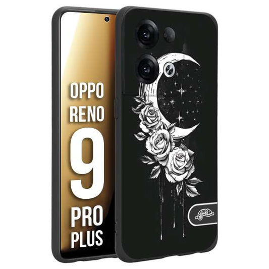 CUSTOMIZZA - Custodia cover nera morbida in tpu compatibile per Oppo Reno 9 PRO PLUS luna e fiori moon flowers black and white bianco a rilievo disegnato tattoo tatuaggio