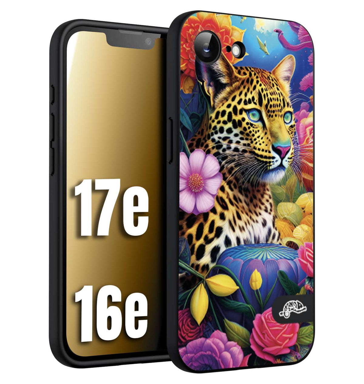 CUSTOMIZZA - Custodia cover nera morbida in tpu compatibile per iPhone 16E - 17E astratti donna flower fantasia leopardo ghepardo animali colorati