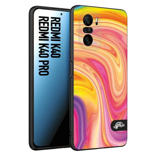 CUSTOMIZZA - Custodia cover nera morbida in tpu compatibile per Xiaomi Redmi K40 - K40 Pro colorata fantasia vortice marmo onde rosa fucsia gialla