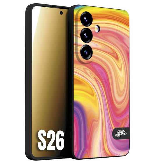 CUSTOMIZZA - Custodia cover nera morbida in tpu compatibile per Samsung S26 colorata fantasia vortice marmo onde rosa fucsia gialla