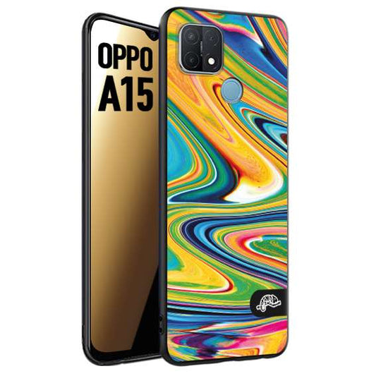 CUSTOMIZZA - Custodia cover nera morbida in tpu compatibile per Oppo A15 colorata fantasia vortice marmo arcobaleno gialla verde blu