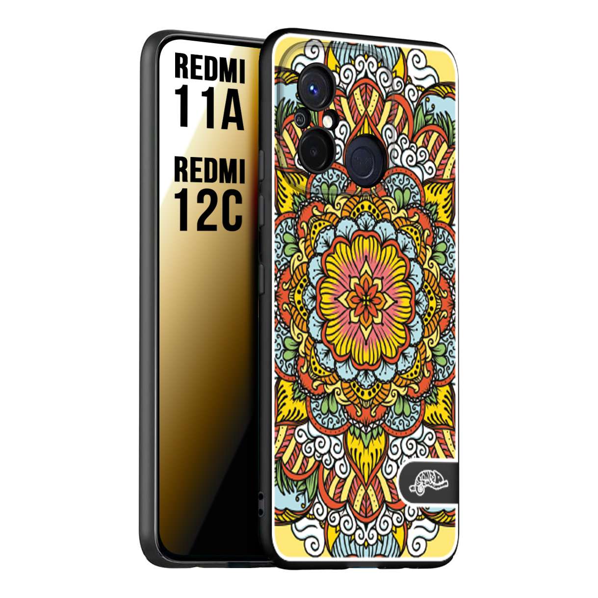 CUSTOMIZZA - Custodia cover nera morbida in tpu compatibile per Xiaomi Redmi 11A - 12C mandala colorato fiore nuvole arancione