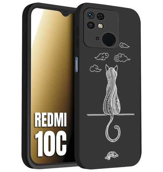 CUSTOMIZZA - Custodia cover nera morbida in tpu compatibile per Xiaomi Redmi 10C gatto mandala stilizzato gattino a rilievo soft touch donna bianca