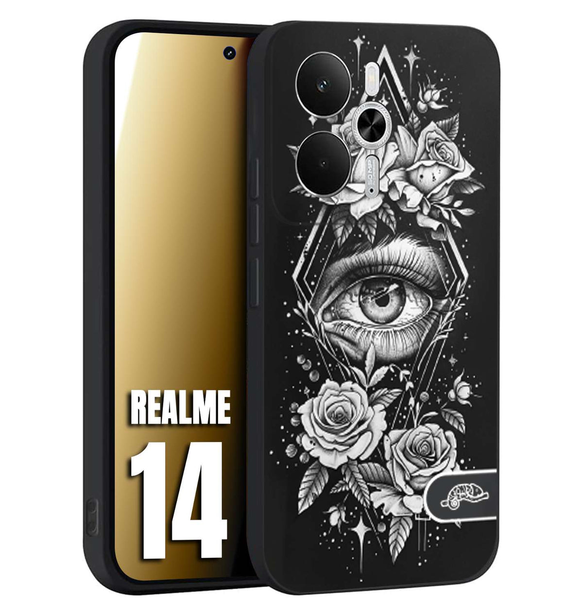 CUSTOMIZZA - Custodia cover nera morbida in tpu compatibile per Realme 14 5G occhio fiori rombo geometrico black and white bianco a rilievo disegnato tattoo tatuaggio