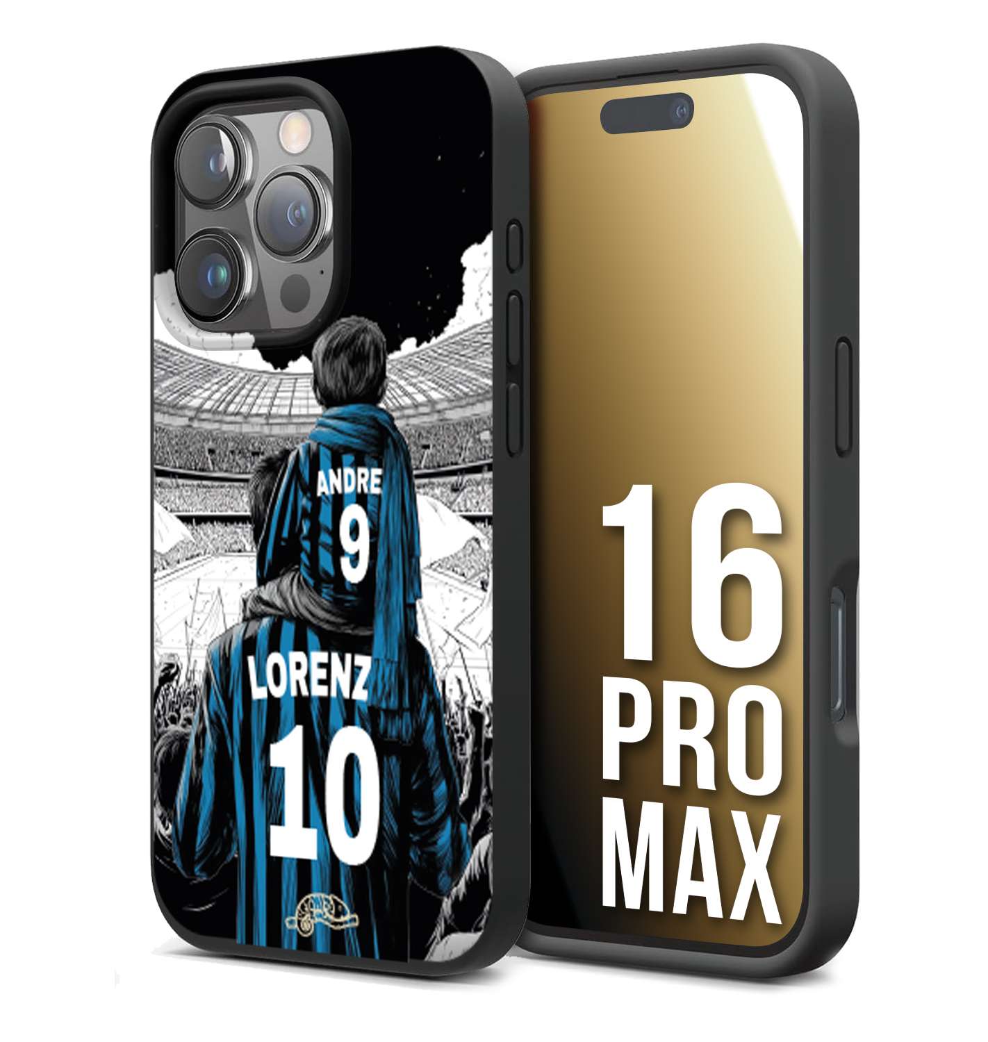 CUSTOMIZZA - Custodia cover nera morbida in tpu compatibile per iPhone 16 PRO MAX personalizzata calcio football padre e figlio calciatori nerazzurra