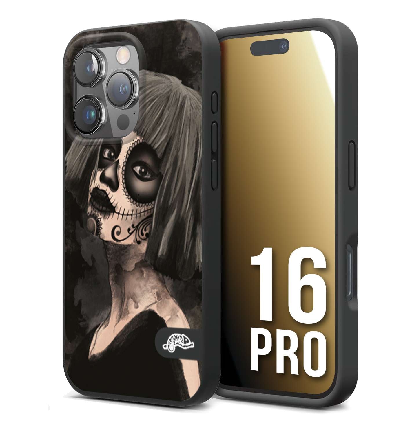 CUSTOMIZZA - Custodia cover nera morbida in tpu compatibile per iPhone 16 PRO chicana messicana dea de la muerte donna santa tattoo disegnata