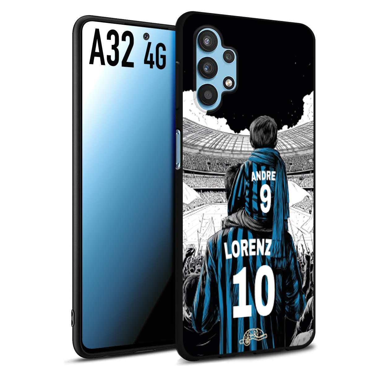 CUSTOMIZZA - Custodia cover nera morbida in tpu compatibile per Samsung A32 4G personalizzata calcio football padre e figlio calciatori nerazzurra