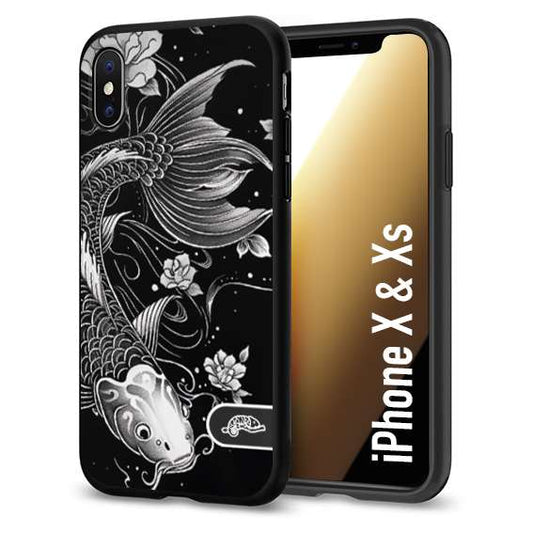 CUSTOMIZZA - Custodia cover nera morbida in tpu compatibile per iPhone X - Xs carpa koi black and white bianco a rilievo disegnato tattoo tatuaggio