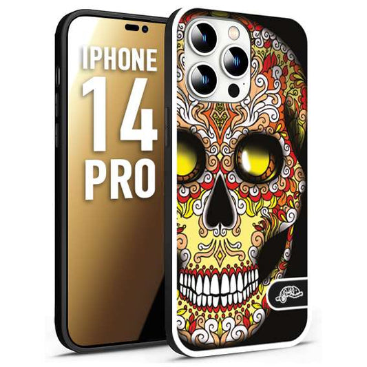 CUSTOMIZZA - Custodia cover nera morbida in tpu compatibile per iPhone 14 PRO teschio messicano Mexican skull giallo rosso arancio