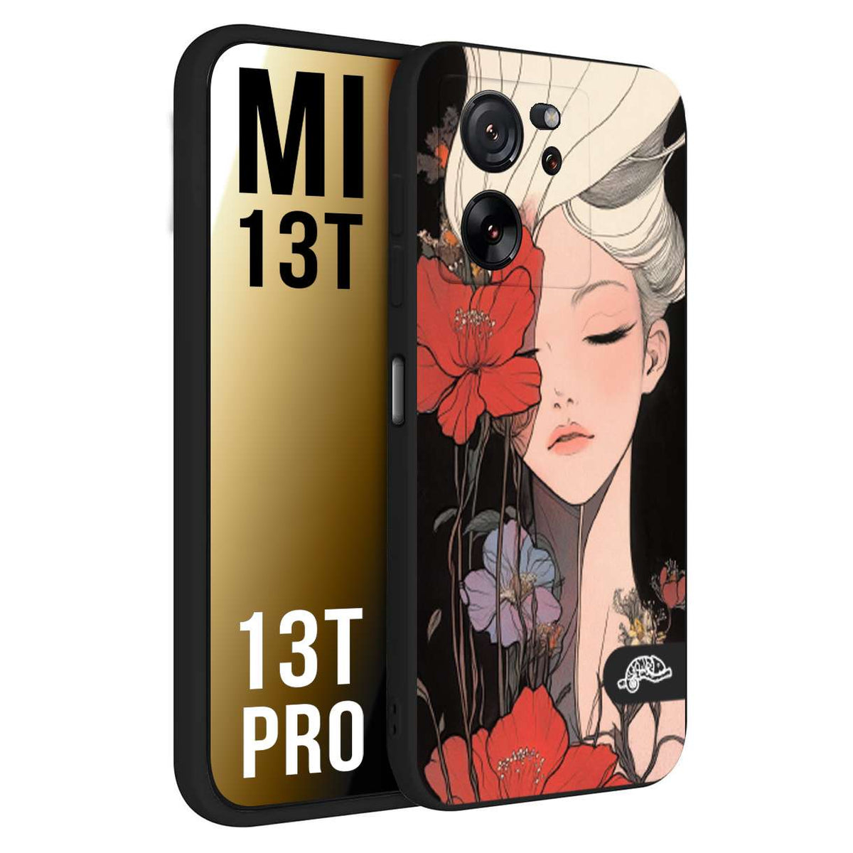 CUSTOMIZZA - Custodia cover nera morbida in tpu compatibile per Xiaomi 13T - 13T PRO woman flower Fantasia Floreale Design Donna e Fiori, Retro Artistico