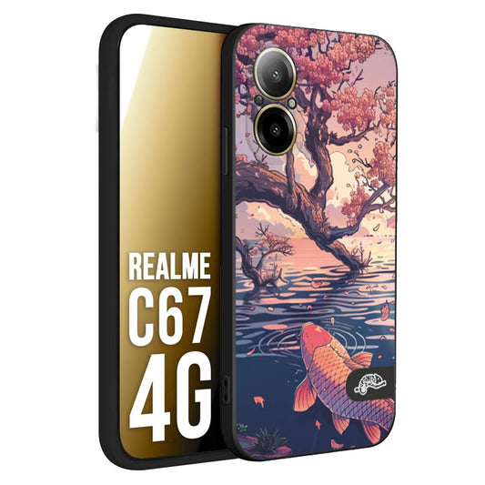 CUSTOMIZZA - Custodia cover nera morbida in tpu compatibile per Oppo C67 4G giapponese lago carpa koi rosa con foglie d'acero disegnata tattoo