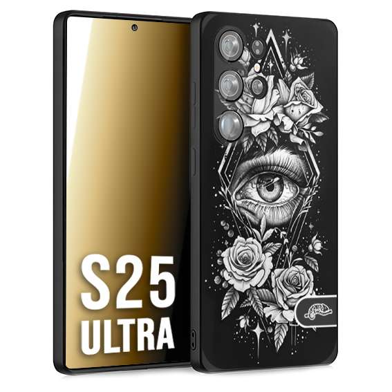 CUSTOMIZZA - Custodia cover nera morbida in tpu compatibile per Samsung S25 ULTRA occhio fiori rombo geometrico black and white bianco a rilievo disegnato tattoo tatuaggio