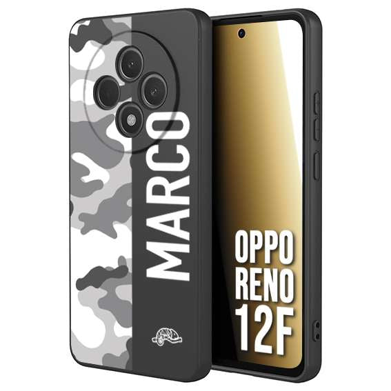 CUSTOMIZZA - Custodia cover nera morbida in tpu compatibile per Oppo Reno 12F camouflage mimetico militare personalizzata nome bianco