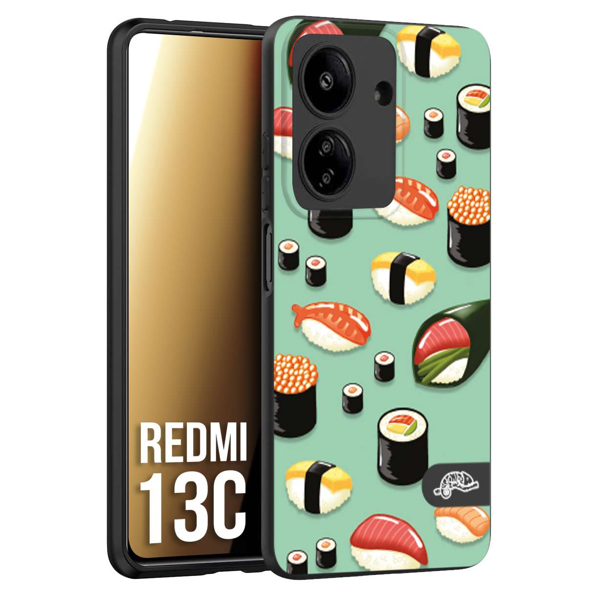 CUSTOMIZZA - Custodia cover nera morbida in tpu compatibile per Xiaomi Redmi 13C sushi disegni giapponese nighiri acquamarina verde