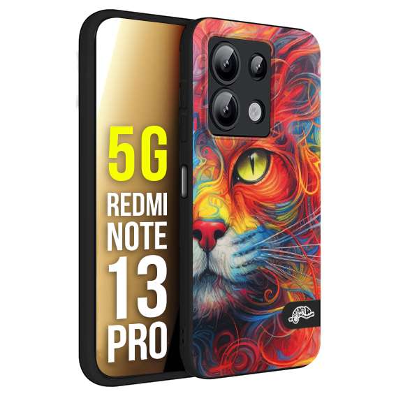 CUSTOMIZZA - Custodia cover nera morbida in tpu compatibile per Xiaomi Redmi Note 13 PRO 5G animali color cat gatto viso colori vibranti disegnato schizzo