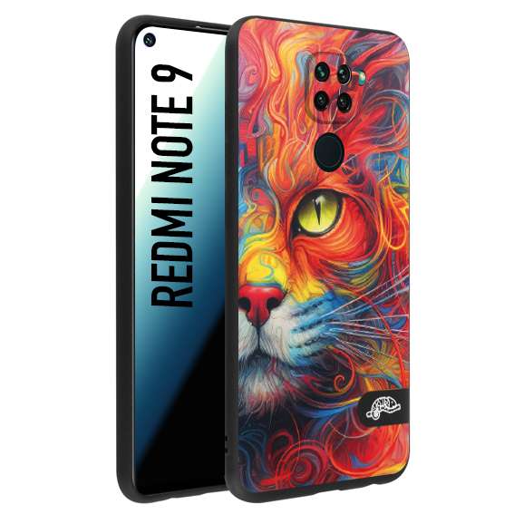 CUSTOMIZZA - Custodia cover nera morbida in tpu compatibile per Xiaomi Redmi Note 9 animali color cat gatto viso colori vibranti disegnato schizzo