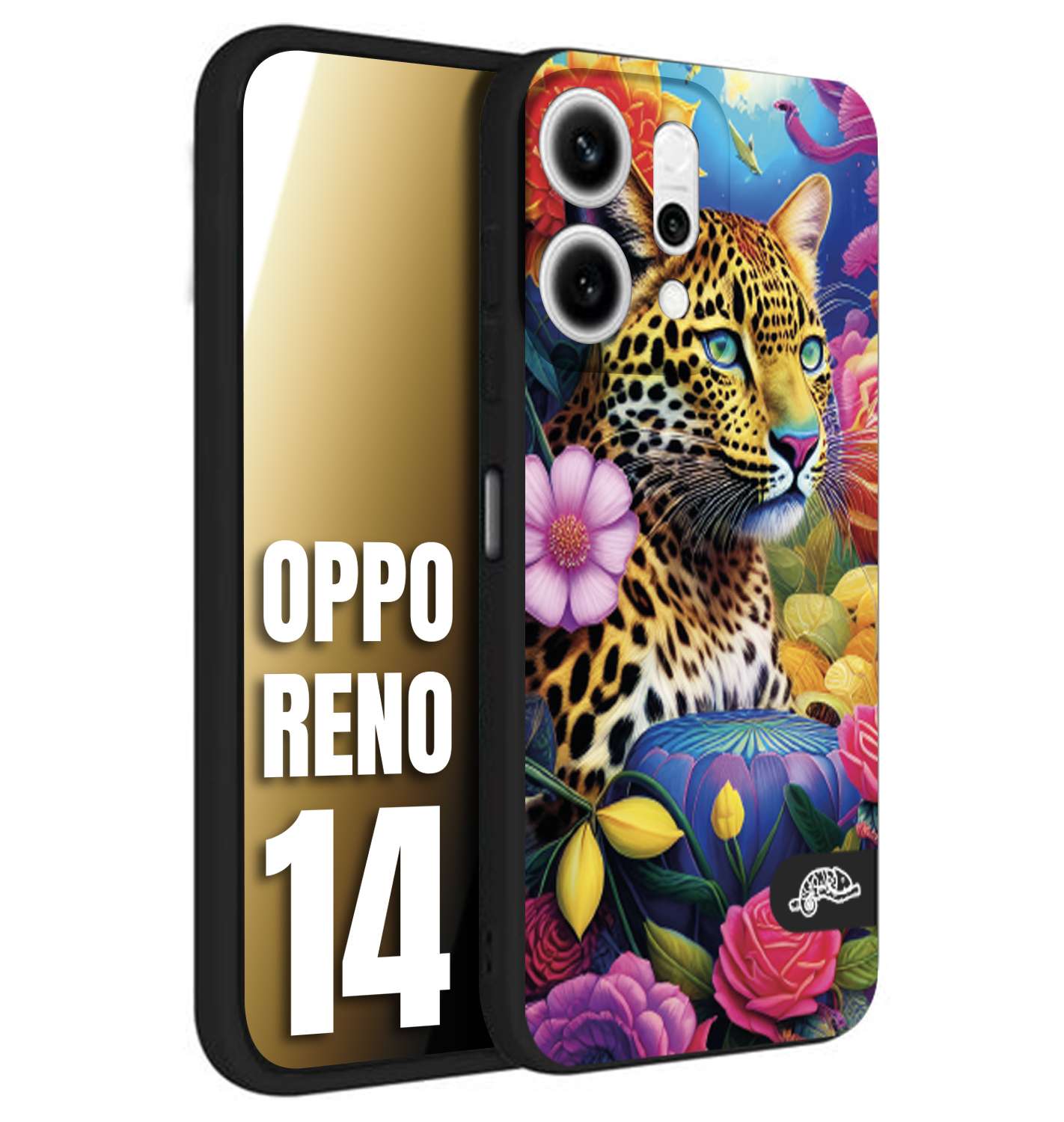 CUSTOMIZZA - Custodia cover nera morbida in tpu compatibile per Oppo Reno 14 astratti donna flower fantasia leopardo ghepardo animali colorati