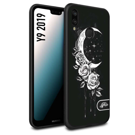 CUSTOMIZZA - Custodia cover nera morbida in tpu compatibile per Huawei Y9 2019 luna e fiori moon flowers black and white bianco a rilievo disegnato tattoo tatuaggio