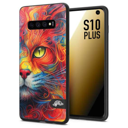 CUSTOMIZZA - Custodia cover nera morbida in tpu compatibile per Samsung S10 PLUS animali color cat gatto viso colori vibranti disegnato schizzo