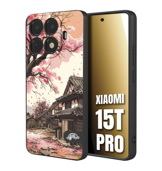 CUSTOMIZZA - Custodia cover nera morbida in tpu compatibile per Xiaomi 15T PRO casa giapponese rosa ciliegio in fiore disegnata tattoo