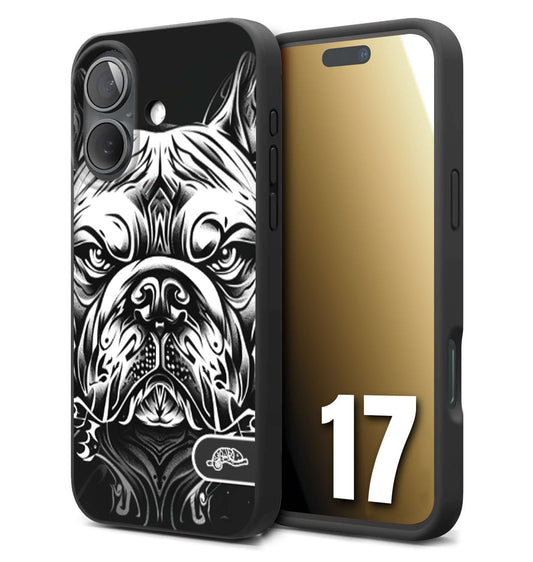 CUSTOMIZZA - Custodia cover nera morbida in tpu compatibile per iPhone 17 bulldog bianco a rilievo disegnato tattoo tatuaggio