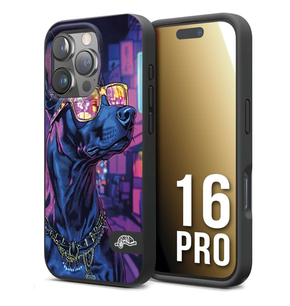 CUSTOMIZZA - Custodia cover nera morbida in tpu compatibile per iPhone 16 PRO animali cyberpunk dobermann cane street dog fucsia blu night