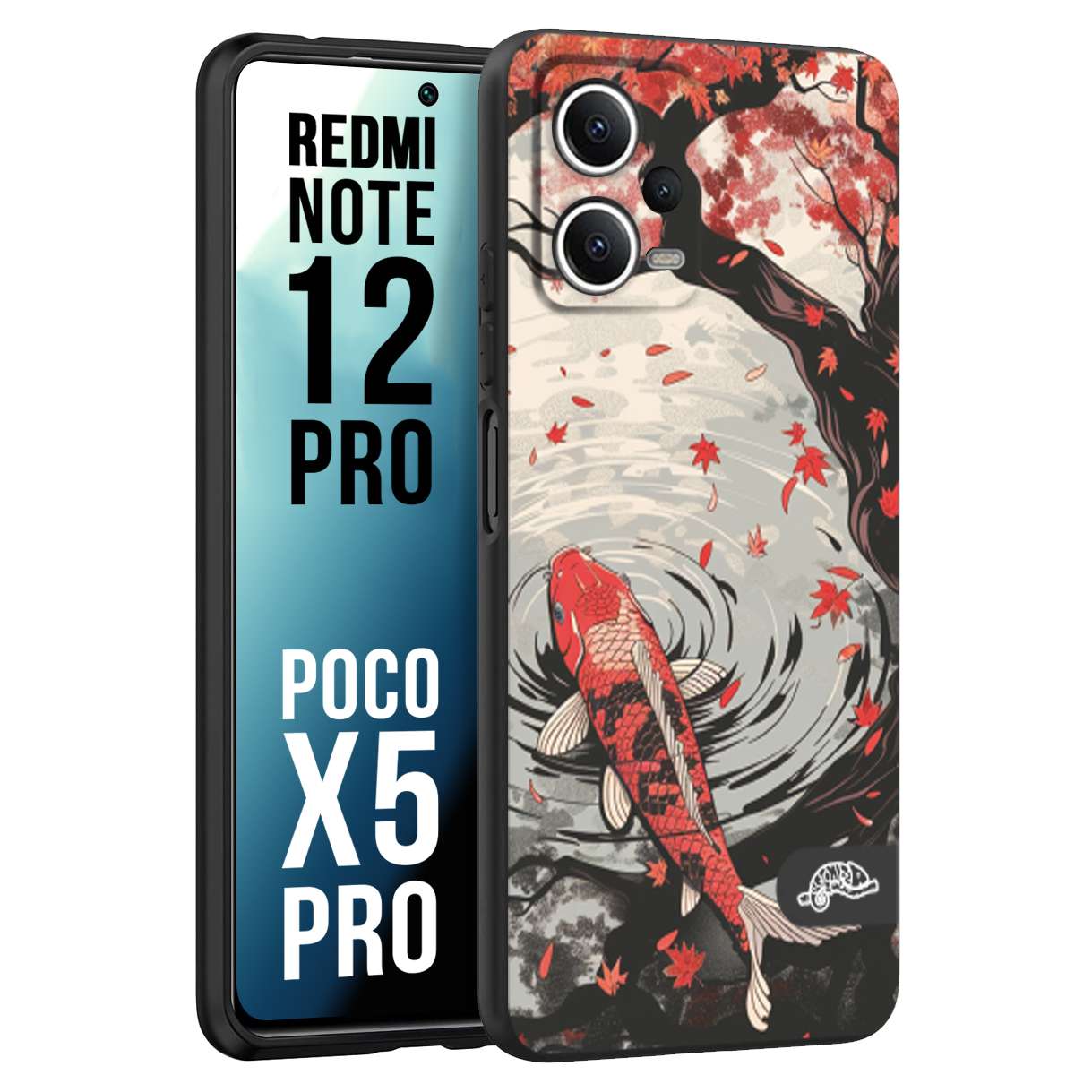 CUSTOMIZZA - Custodia cover nera morbida in tpu compatibile per Xiaomi Redmi Note 12 PRO - POCO X5 PRO giapponese lago carpa koi rossa con foglie d'acero rosso disegnata tattoo