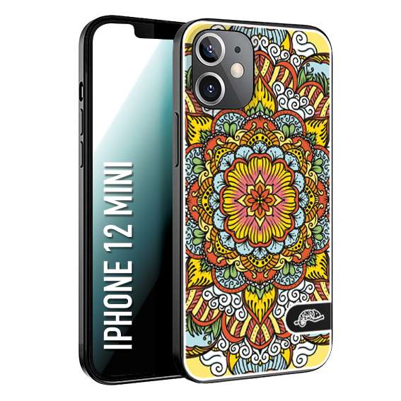 CUSTOMIZZA - Custodia cover nera morbida in tpu compatibile per iPhone 12 MINI mandala colorato fiore nuvole arancione