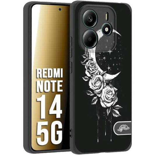 CUSTOMIZZA - Custodia cover nera morbida in tpu compatibile per Xiaomi Redmi Note 14 5G luna e fiori moon flowers black and white bianco a rilievo disegnato