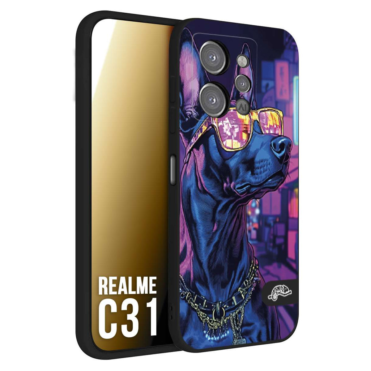 CUSTOMIZZA - Custodia cover nera morbida in tpu compatibile per Realme C31 animali cyberpunk dobermann cane street dog fucsia blu night