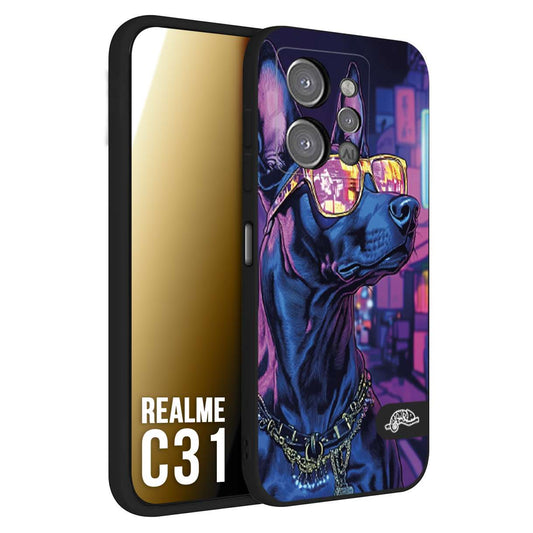 CUSTOMIZZA - Custodia cover nera morbida in tpu compatibile per Realme C31 animali cyberpunk dobermann cane street dog fucsia blu night