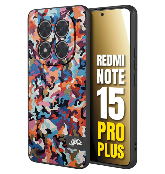 CUSTOMIZZA - Custodia cover nera morbida in tpu compatibile per Xiaomi Redmi Note 15 PRO PLUS camouflage mimetico militare moderno blu arancio rosa