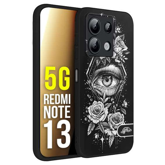 CUSTOMIZZA - Custodia cover nera morbida in tpu compatibile per Xiaomi Redmi Note 13 5G occhio fiori rombo geometrico black and white bianco a rilievo disegnato tattoo tatuaggio