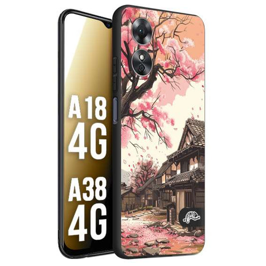 CUSTOMIZZA - Custodia cover nera morbida in tpu compatibile per Oppo A18 4G - A38 4G casa giapponese rosa ciliegio in fiore disegnata tattoo