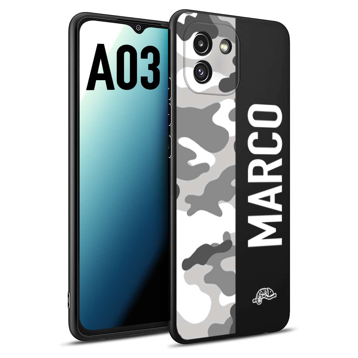 CUSTOMIZZA - Custodia cover nera morbida in tpu compatibile per Samsung A03 camouflage mimetico militare personalizzata nome bianco