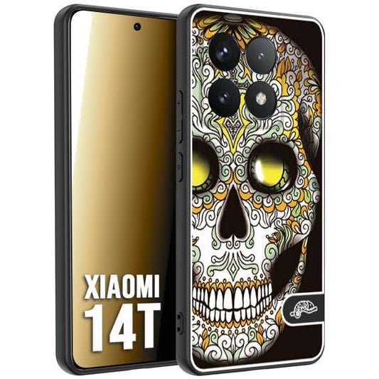 CUSTOMIZZA - Custodia cover nera morbida in tpu compatibile per Xiaomi 14T teschio messicano Mexican skull bianco verde giallo