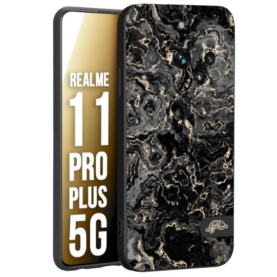 CUSTOMIZZA - Custodia cover nera morbida in tpu compatibile per Realme 11 PRO PLUS 5G effetto marmo marble nero black venature dorato pietra
