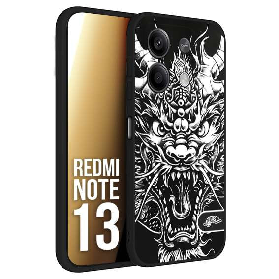 CUSTOMIZZA - Custodia cover nera morbida in tpu compatibile per Xiaomi Redmi Note 13 drago black and white bianco a rilievo disegnato tattoo tatuaggio