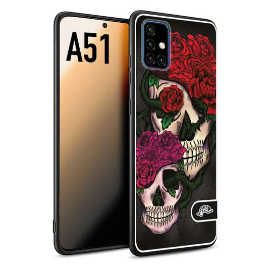 CUSTOMIZZA - Custodia cover nera morbida in tpu compatibile per Samsung A51 teschi e rose rosse fucsia skull and roses