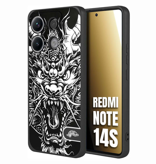 CUSTOMIZZA - Custodia cover nera morbida in tpu compatibile per Xiaomi Redmi Note 14S drago black and white bianco a rilievo disegnato tattoo tatuaggio