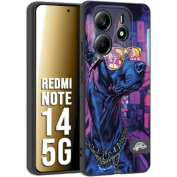 CUSTOMIZZA - Custodia cover nera morbida in tpu compatibile per Xiaomi Redmi Note 14 5G animali cyberpunk dobermann cane street dog fucsia blu night