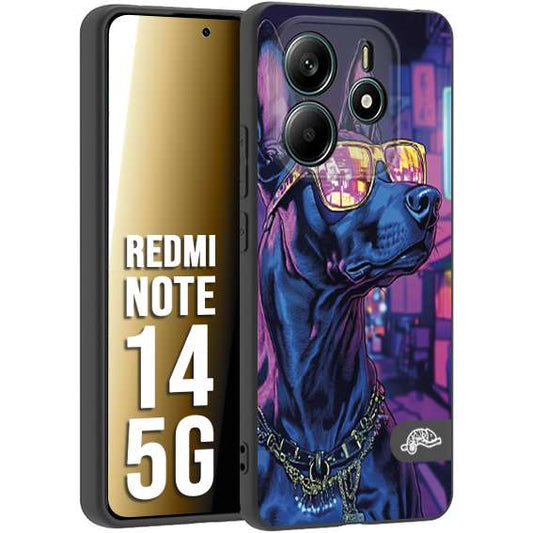 CUSTOMIZZA - Custodia cover nera morbida in tpu compatibile per Xiaomi Redmi Note 14 5G animali cyberpunk dobermann cane street dog fucsia blu night