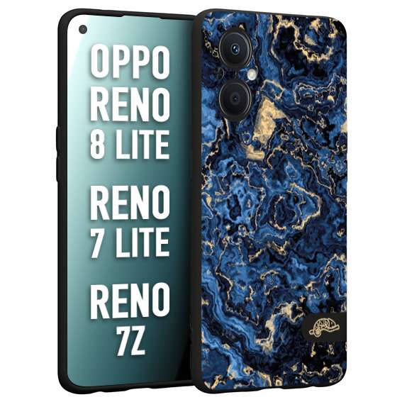 CUSTOMIZZA - Custodia cover nera morbida in tpu compatibile per Oppo Reno 7 Lite - 8 Lite - 7Z effetto marmo marble blu venature dorato psichedelico